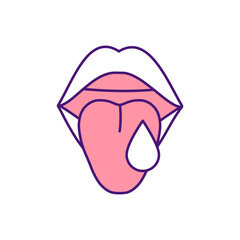 Excessive saliva flow RGB color icon. Excessive drooling, hypersalivation. Tonsil infection. Increasing saliva production. Poor mouth and tongue control. Strep throat. Isolated vector illustration - obrazy, fototapety, plakaty