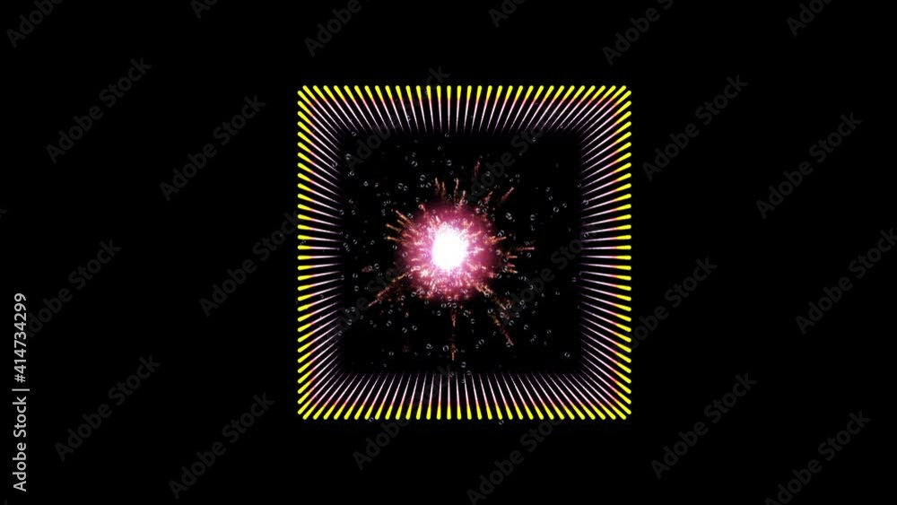 Poster abstract flash of fire with flying particles inside a futuristic rectangle with rays. light explosio