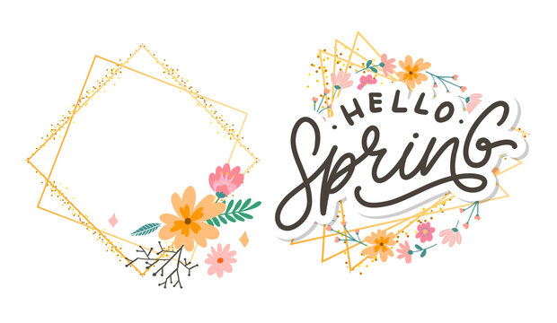 Hello Spring Flowers Text Background Frame lettering slogan - Powered by Adobe