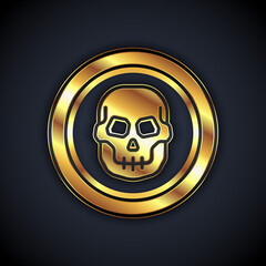 Gold Mexican skull coin icon isolated on black background. Vector.
