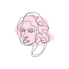 Beautyfull girl face. Continuous one line drawing. Abstract minimal woman portrait. Logo, icon, label. Vector hand drawn illustration