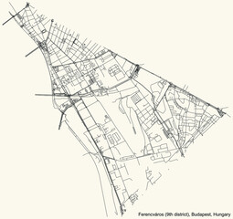 Black simple detailed street roads map on vintage beige background of the neighbourhood Ferencváros 9th district (IX kerület) of Budapest, Hungary