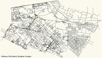 Black simple detailed street roads map on vintage beige background of the neighbourhood Kőbánya 10th district (X kerület) of Budapest, Hungary