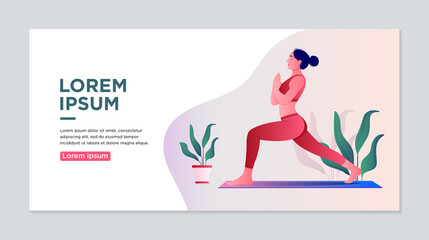 Yoga class landing page design. Web page template for yoga studio, fitness room, personal training.Woman doing yoga exercise.