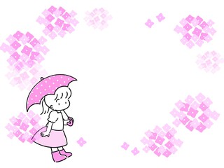 傘を持った女の子とあじさいのフレーム