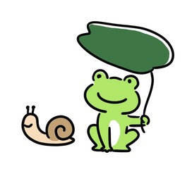 葉っぱの傘を持ったカエルとカタツムリのシンプルなイラスト