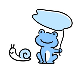 葉っぱの傘を持ったカエルとカタツムリのモノトーンのシンプルなイラスト