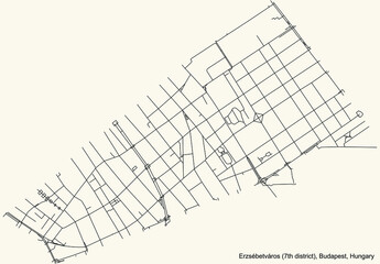 Black simple detailed street roads map on vintage beige background of the neighbourhood Erzsébetváros 7th district (VII kerület) of Budapest, Hungary