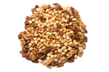 Mix of nuts isolated on white background. Top view.