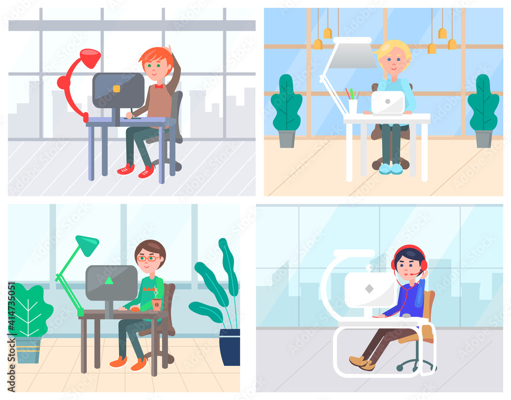 Aufkleber people working on computers and laptops vector, man and woman using devices. office with plants and 