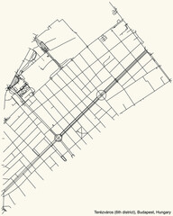 Black simple detailed street roads map on vintage beige background of the neighbourhood Terézváros 6th district (VI kerület) of Budapest, Hungary
