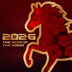 2026 horse symbol of the new year, banner, poster, card template, vector illustration, golden gradient on a red background