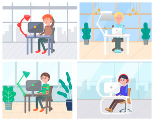 People working on computers and laptops vector, man and woman using devices. Office with plants and decorations. Modern technologies on tables flat style