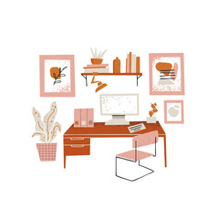 Furniture store concept. Workspace interior design. Furniture elements set table and chair, bookshelf, home plant, computer and paintings. Home decor and accessories. Vector illustration in flat style