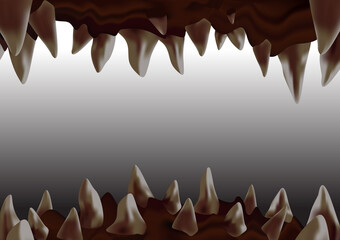 3d monster open mouth with crooked sharp teeth ready to bite, view from inside the cavity, vector illustration