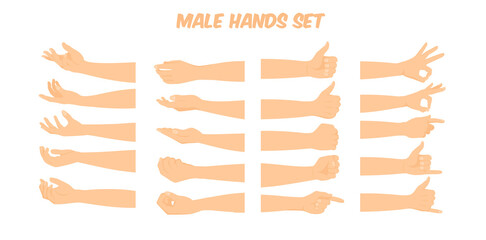 cartoon white male hand forming various shapes and symbols viewed form different angles, vector illustration