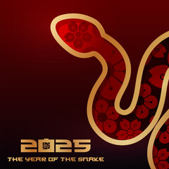 2025 snake symbol of the new year, banner, poster, card template, vector illustration, golden gradient on a red background