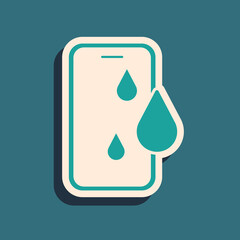 Green Waterproof mobile phone icon isolated on green background. Smartphone with drop of water. Long shadow style. Vector.