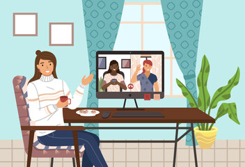 Friends talking to each other via video call, online conference. A girl communicating with girlfriends on the computer screen via webcam sitting at home with coffee, telecommunication, virtual meeting