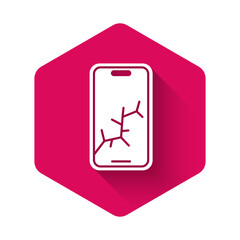 White Smartphone with broken screen icon isolated with long shadow background. Shattered phone screen icon. Pink hexagon button. Vector.