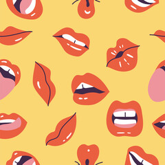 Obraz premium Vector illustration female mouths. Red lipstick. Seamless pattern with various of mimic, emotions, facial expressions.
