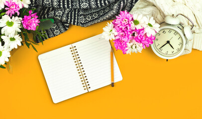 Spring workspace and blank notepad mockup with place for your text, cozy and warm woman desktop with flowers concept