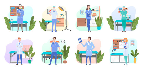 Man and wooman doctors in their workplaces in medical office set. Health protection concept. Male and female characters medic and nurse in medical clothes in the hospital ready to accept the patient