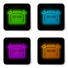 Glowing neon line Stopwatch icon isolated on white background. Time timer sign. Chronometer sign. Black square button. Vector.