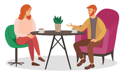 Tasty lunch in a cafe vector illustration. Couple drinking tea on date isolated on white background. Girlfriend and boyfriend sitting together and communicating. Man discussing with woman drinking tea