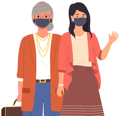 Female characters are wearing medical masks. Women stand together and pose, vector illustration isolated on white background. Coronavirus during time of pandemic. People protect their face with masks