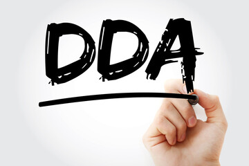 DDA - Depletion Depreciation Amortization acronym with marker, business concept background