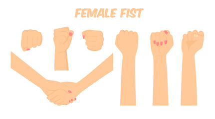 cartoon white female hand forming a fist viewed form different angles, making a handshake, vector illustration