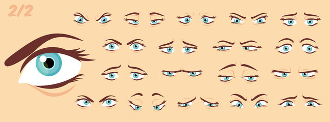 Female abstract cartoon eyes, eyebrows, eyelashes expression variations, emotions collection set 2/2, vector illustration