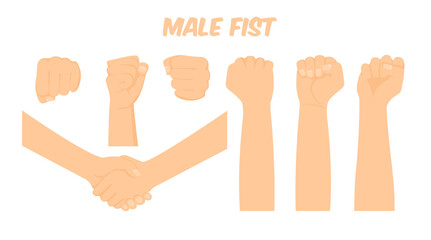 cartoon white male hand forming a fist viewed form different angles, making a handshake, vector illustration