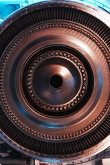 Turbine generator rotor with blades and discs, interior view.