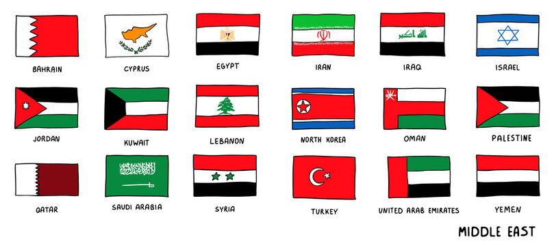 Middle East Countries national Flags Hand Drawn. Sketch style Vector doodle illustration
