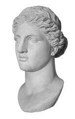 Ancient white marble sculpture head of young woman. Statue of sensual renaissance art era woman antique style. Face isolated on white background