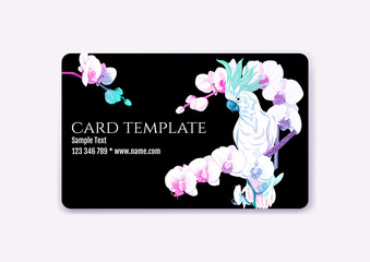 Plastic debit or credit, pass, discount, membership card template with tropical plants and birds in neon color on black background. Vector illustration.