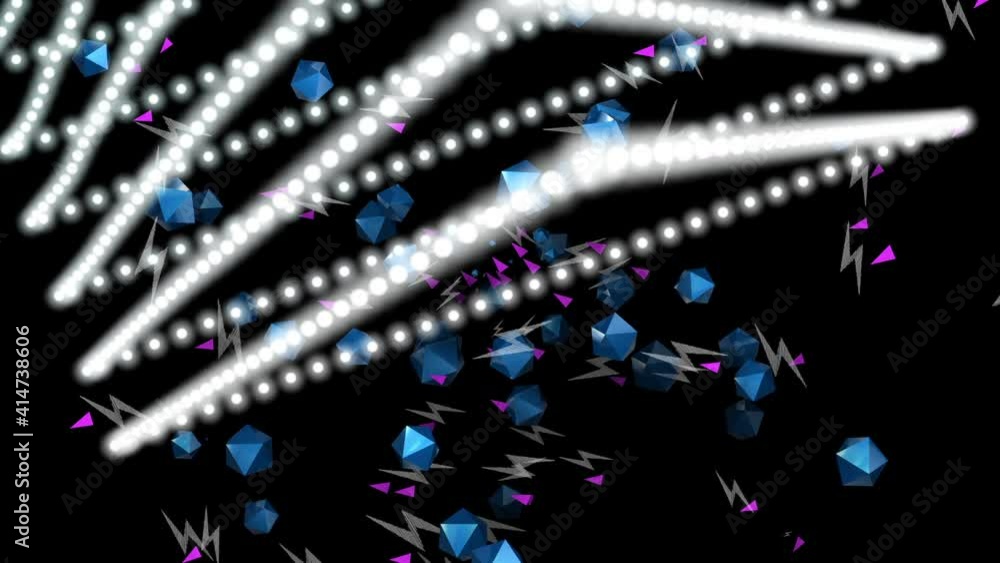 Poster an abstract requiring triangle of white blurry balls on a black background and a background of flyin