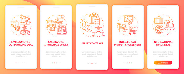 Common commercial contracts types onboarding mobile app page screen with concepts. Utility contract walkthrough 5 steps graphic instructions. UI vector template with RGB color illustrations