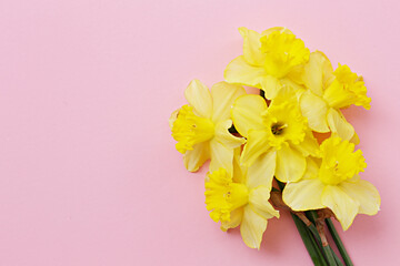 Lush bouquet of white-yellow daffodils isolated on white background. Tender minimalistic spring flowers composition. Top view, copy space for text, flat lay, close up.