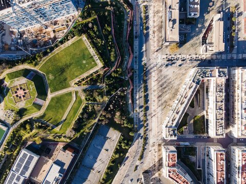 Aerial view of a beautiful residential district with gardens and park in Lisbon city centre, Portugal.