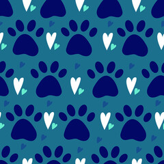 seamless pattern with dog or cat pet paw silhouette and hearts. Simple flat vector illustration background. Kitten or puppy trace. Backdrop for pet shop, breeder, pet adoption.