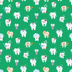 Seamless pattern with cute teeth on blue background - for kid dental design. Flat style. Vector illustration.