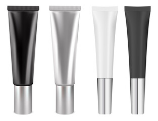 Cream tube mockup. White cosmetic package blank, isolated vector. Silver, black container for skin care beauty product. Face or hand cream plastic tube