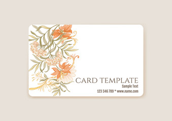Plastic debit or credit, pass, discount, membership card template with decorative flowers in art nouveau style, vintage, old, retro style. Vector illustration.