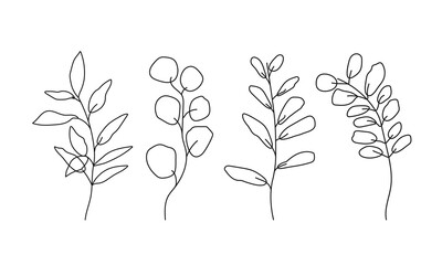 Leaves Set One Line Drawing. Continuous Line of Simple Leaves on White Background. Abstract Contemporary Botanical Drawing for Minimalist Covers, t-Shirt Print, Postcard, Banner etc. Vector EPS 10.
