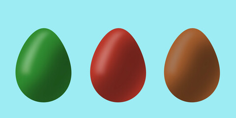 three easter eggs green, red and brown on a blue background