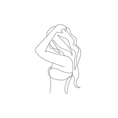 Trendy Line Art Woman Drawing. Minimalistic Black Lines Drawing. Female Figure Continuous One Line Abstract Drawing. Modern Scandinavian Design. Vector Illustration.