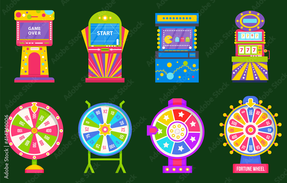 Poster machinery for playing and gambling vector, isolated set of game machine flat style. arcade gambling 